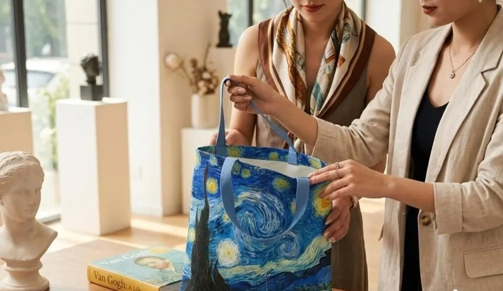 กระเป๋าผ้าลายภาพวาด The Starry Night ถูกยกขึ้นจากโต๊ะที่วางกระเป๋าลายภาพวาดอีกหลายใบ (a Starry Night art-print tote lifted from a table of printed totes)