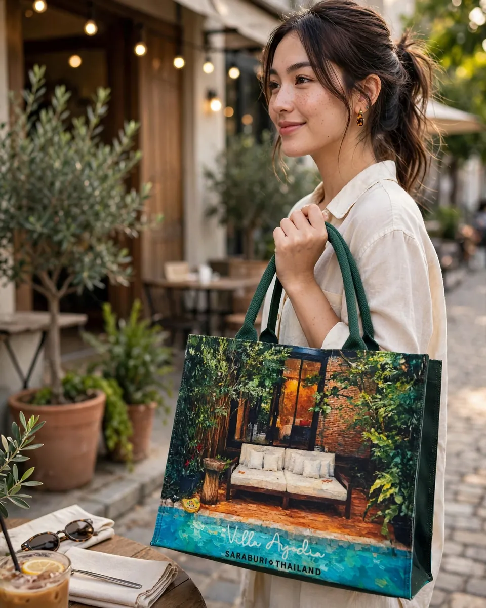 ผู้หญิงสะพายกระเป๋า Heritage Tote ลายภาพวาดมุมพักผ่อนของรีสอร์ท เดินผ่านร้านกาแฟ