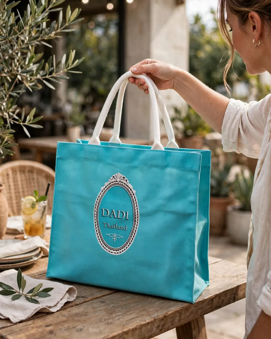 มือยกกระเป๋า Heritage Tote สีเทอร์ควอยซ์ พร้อมโลโก้ในกรอบวงรีและหูหิ้วสีขาว บนโต๊ะไม้ในร้านกาแฟ