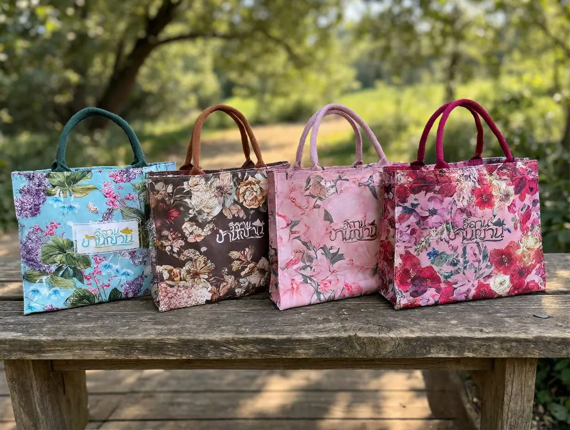 กระเป๋า Heritage Tote ลายดอกไม้ 4 แบบ 4 โทนสี วางเรียงบนม้านั่งไม้ในสวน
