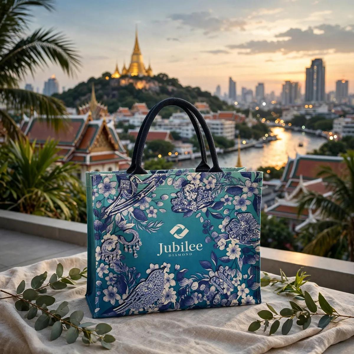 กระเป๋า Heritage Tote ลายพฤกษาโทนน้ำเงินพร้อมโลโก้แบรนด์ วางบนระเบียงวิวเมืองยามเย็น