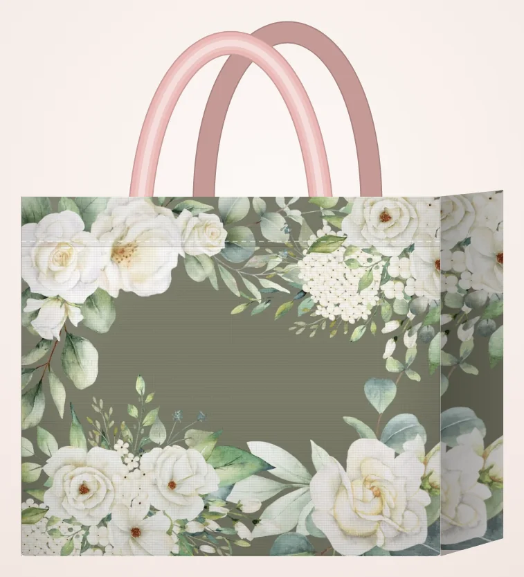 ภาพจากโปรแกรมออกแบบ: Heritage Tote ลายกุหลาบขาว พื้นเขียวมะกอก / From the design studio: Heritage Tote, white roses on olive