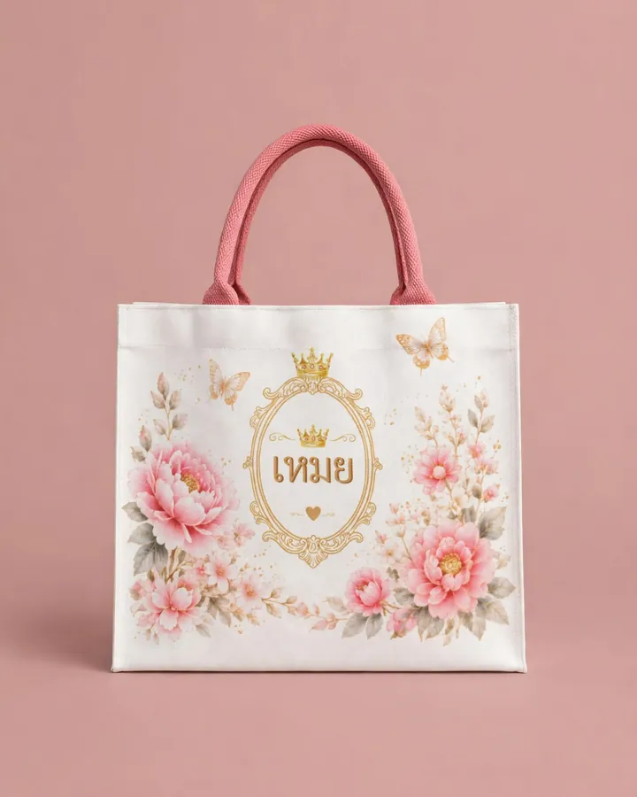 ดอกไม้ชมพูกับชื่อในกรอบทอง — Heritage Tote
